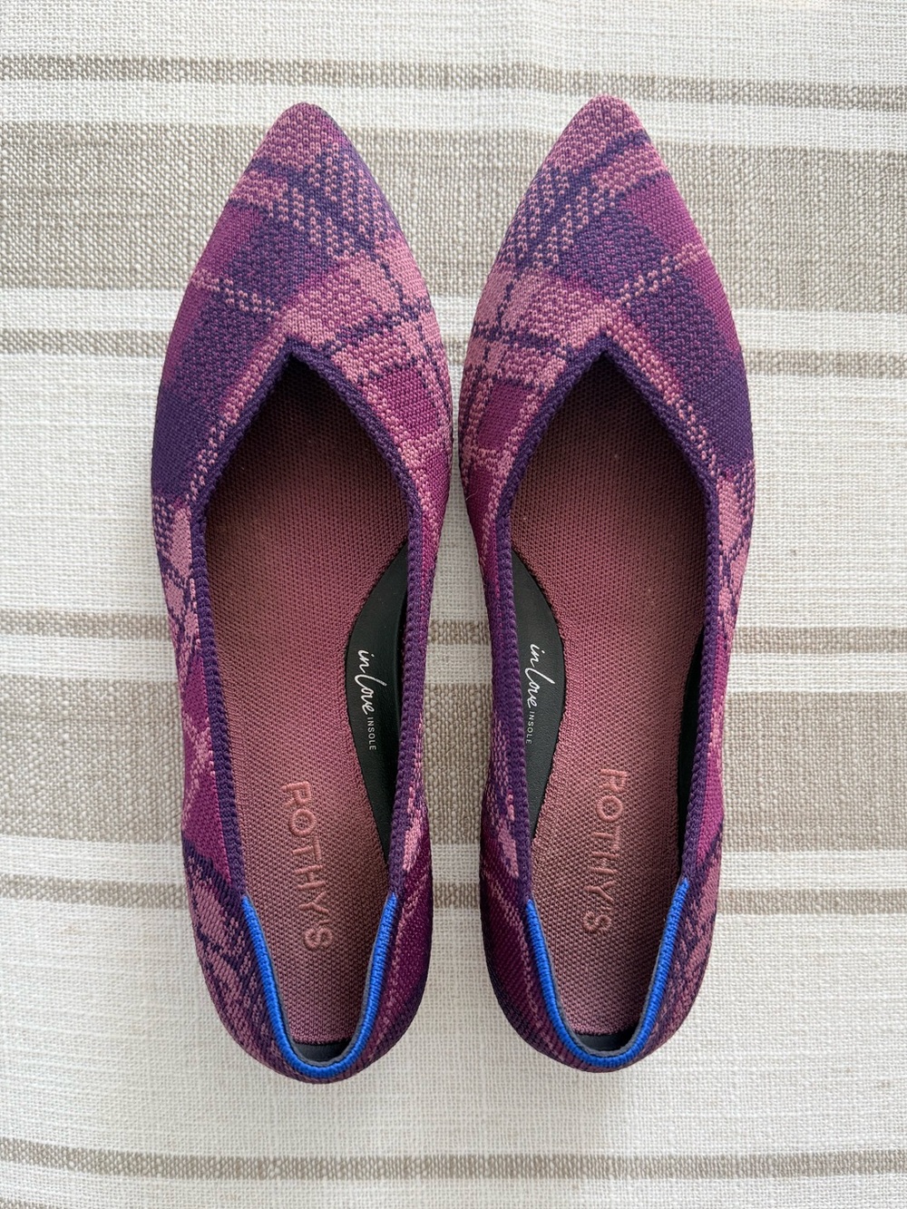 Rothy's Pointed Knit Flats in Purple and Pink Plaid